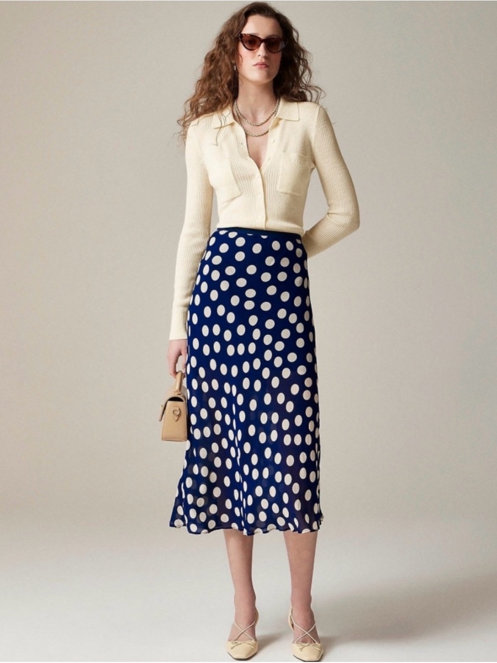 J. Crew Gwenyth Slip Skirt Navy White Polka Dot Viscose Chiffon Lined